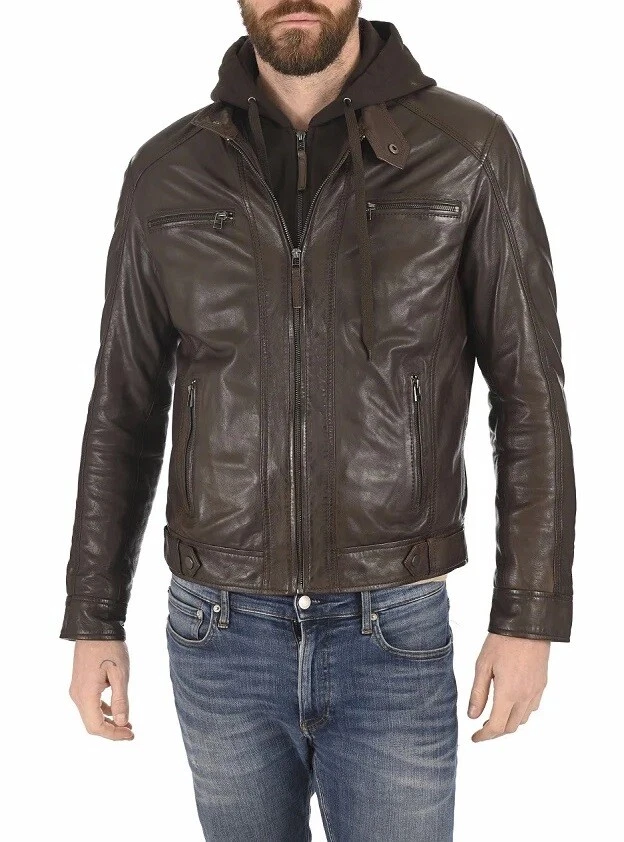 Brown lambskin leather hoodie jacket, stylish and durable with a comfy fit.