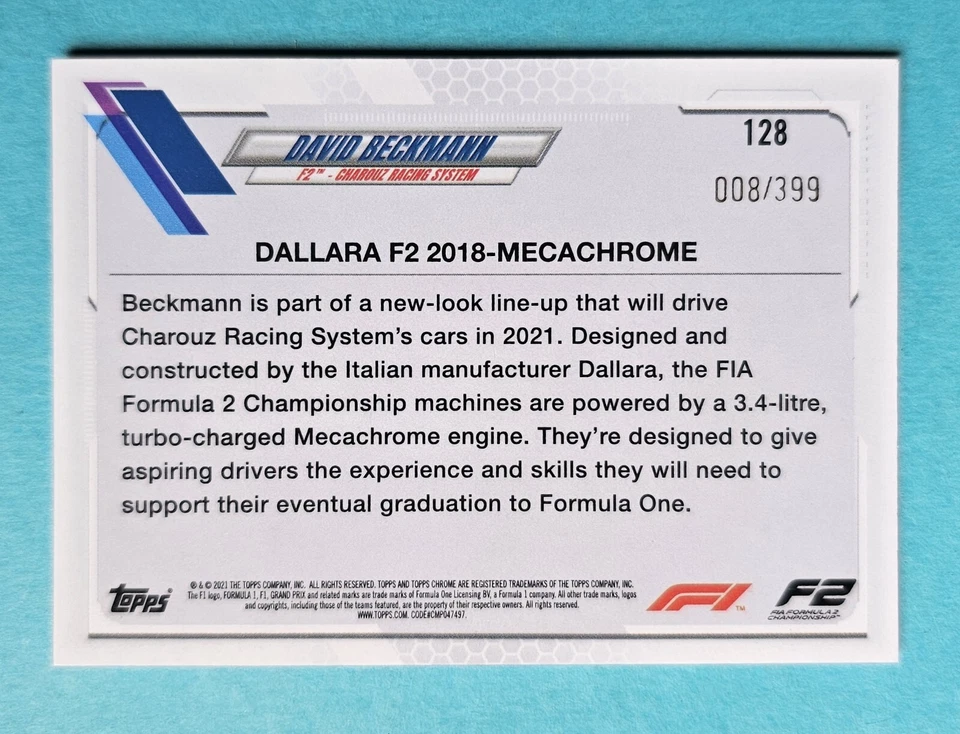 2021 Topps Chrome F1 David Beckmann #128 Purple Refractor /399 sp Parallel Holo - Image 2 of 3