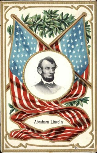 Carte postale en relief Albraham Lincoln et paire de drapeaux américains c1910 - Photo 1/2