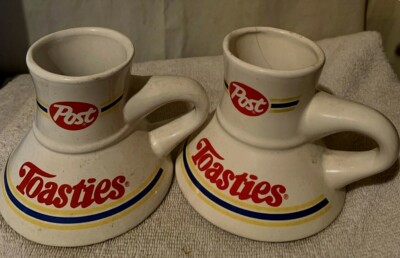Two (2) Vintage Post Toasties Cereal Wide-Base Coffee Mugs Cups Breakfast