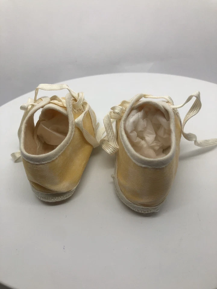 Vintage Christening Shoes Satin Feel Laces Infant Baptism Shoes 3.5” Long Yellow - Image 4 of 4