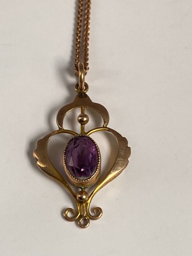 Antik um 1900 Jugendstil 9 kt Gold Amethyst Tropfen Anhänger Halskette & Kette - Bild 4 von 15