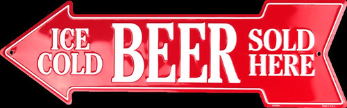 ICE COLD BEER SOLD HERE EMBOSSED METAL ARROW SIGN MAN CAVE SPORTS ROOM BAR - Picture 4 of 5