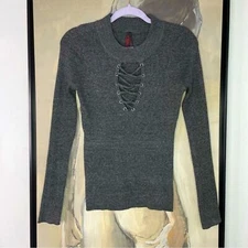 Yoki Gray Ribbed Cut Out Lace Up Slim Fit Sweater