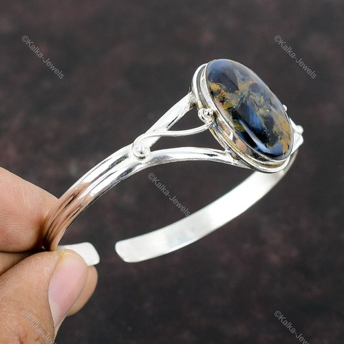 Gift For Her 925 Sterling Silver Natural Pietersite Gemstone Bangle Adjustable - Picture 5 of 9