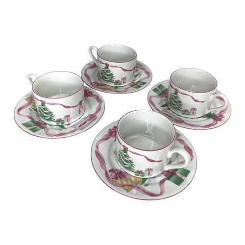 Sango Home For Christmas Tree Pink Ribbon Coffee Tea Cup & Saucer Set Vintage - Picture 3 of 7