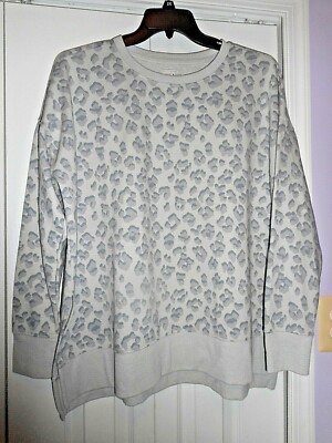 NEW LADIES LUCKY BRAND PULLOVER LS TOP SZ L GRAY W LEOPARD PRINT