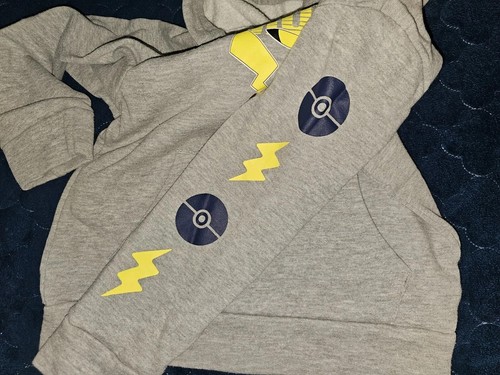 Unisex Gray Long Sleeve Pull Over Hoodie Sweatshirt Pokemon Pikachu Small - Picture 3 of 6