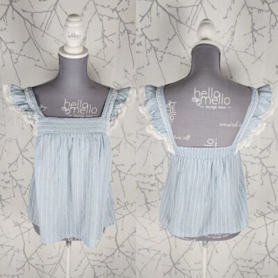 Axara Paris Blue Stripe Square Neck Ruffle Cap Sleeve Top | Women's S