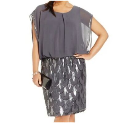grey blouson dress SLNY Gray Scoop Neck Dolman Sleeve Above The Knee Sequined Cocktail Size:6 reativados_01.07