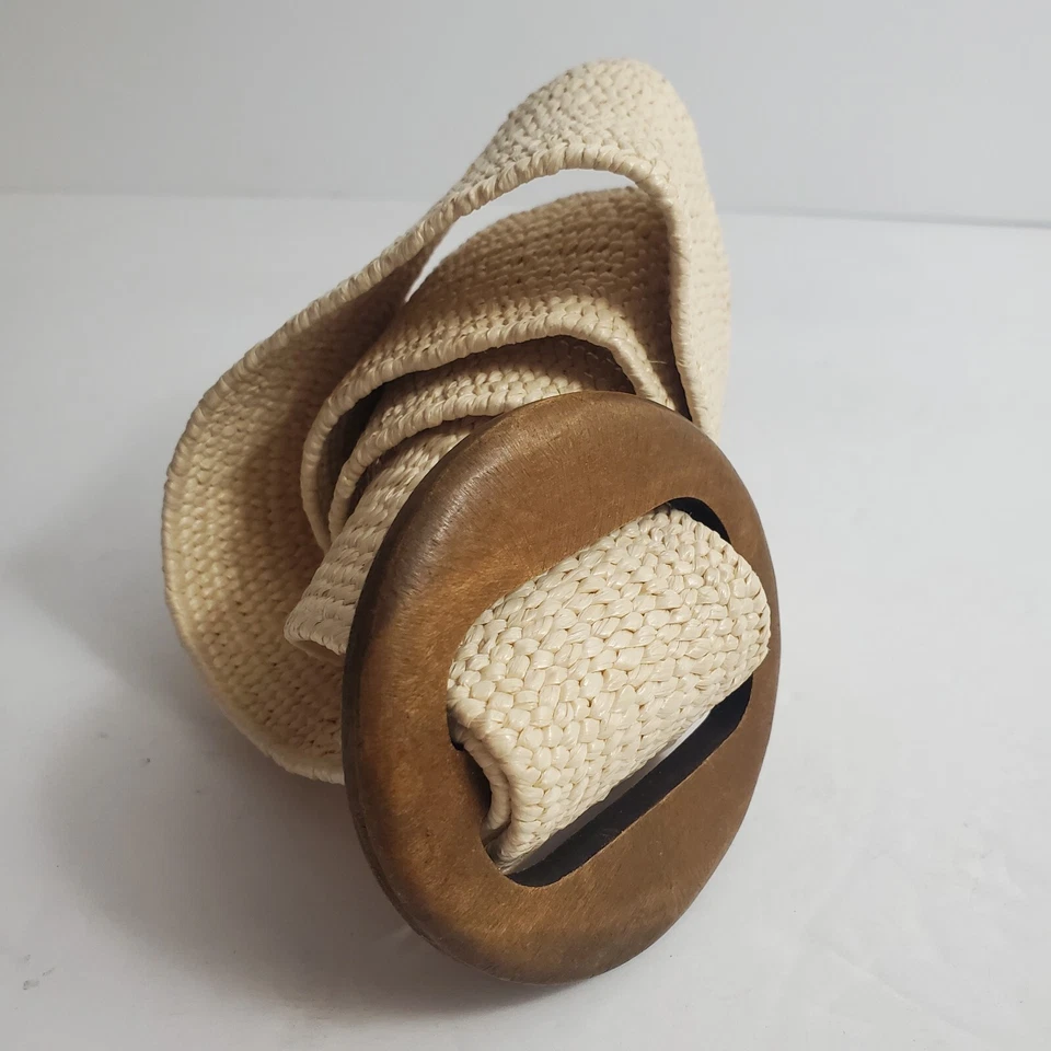 De Colección Boho Verano Yute Elastizado Cinturón Mujer Ovalado Madera Hebilla Marfil Talla 30 Foto 2 de 4