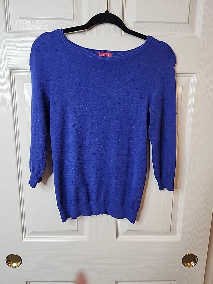 Suéter ELLE Para Mujer Periwinkle Punto Azul Cuello Redondo Manga 3/4 Talla XS  Foto 2 de 4