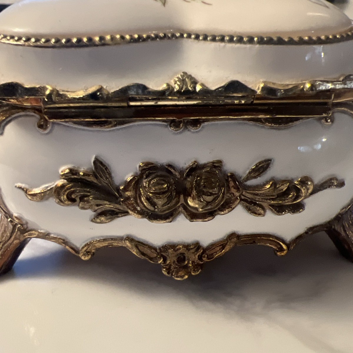 Vintage Love Story Heart Music Box Japan Porcelain Gold Footed