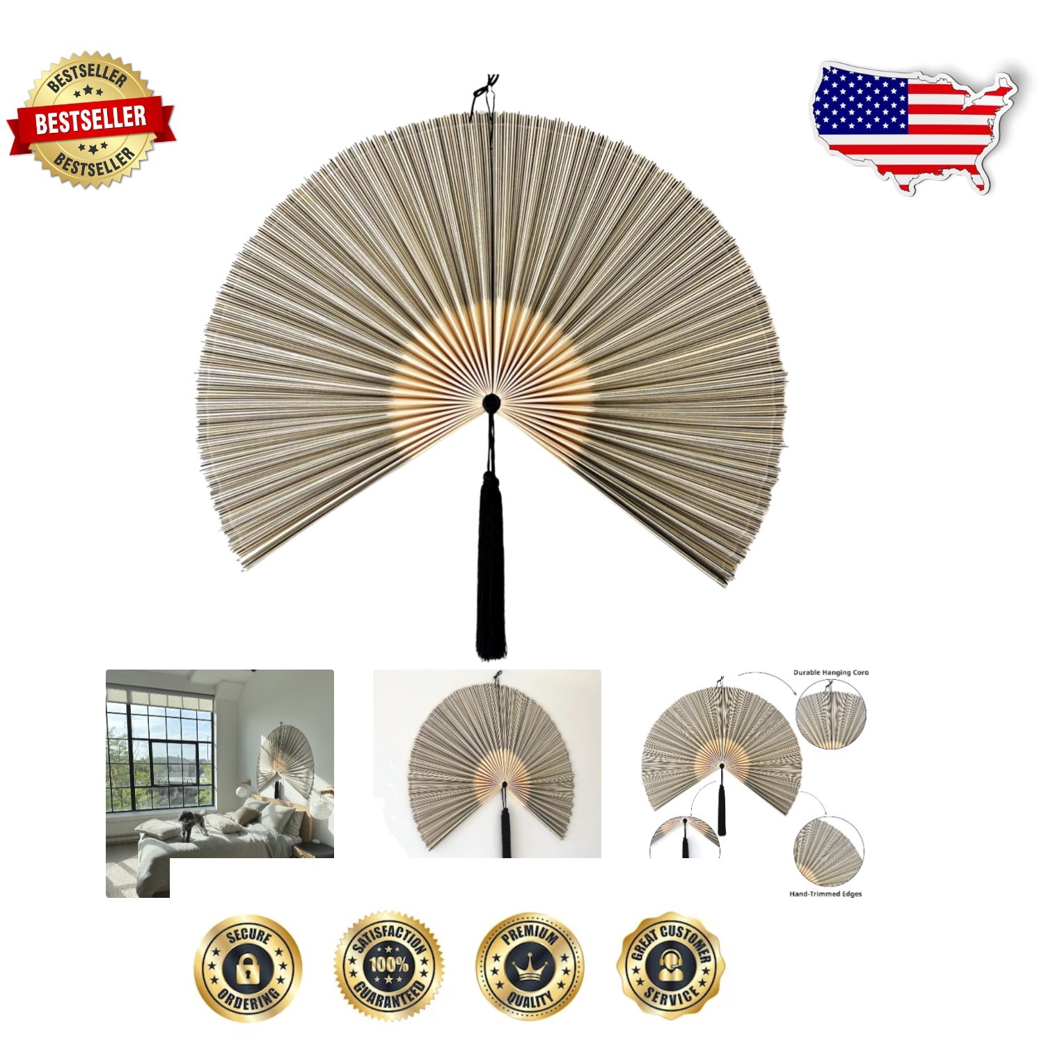 63-Inch Gray Bamboo Fan Wall Decor for Luck and Home Elegance