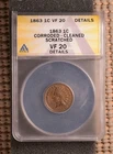 1863 Indian Head Cent ANACS VF20 Details Very Fine VF 20 Slabbed Graded Penny