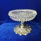 Vintage Oranate Cut Glass Trinket Bowl Metal Base Gold Tone