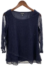 Nina Leonard Women's Novelty Sequin Open Knit Top Navy