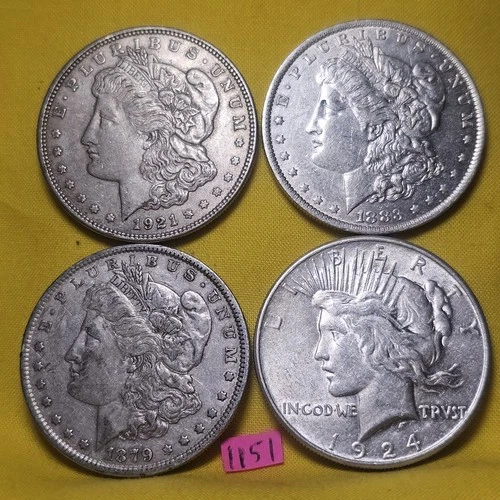 LOT of 4 🇺🇲🔥XF-AU 👀🔥1879 1883-O 1921 Morgan & 1924 Peace Silver Dollars 151