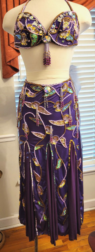 Egyptian Purple Belly Dance Costume Sequin Beaded 2 Piece Bra Skirt Set Stunning