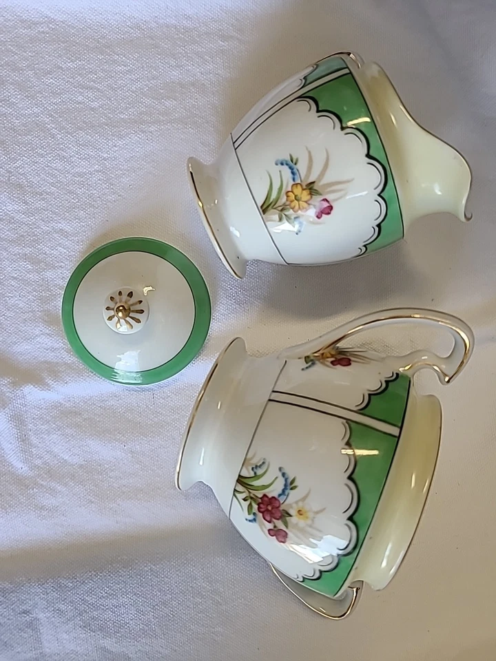 Vtg Noritake japan tea set green Bands Gold Lines Floral sugar cream  - Image 3 of 4