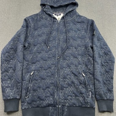 Armani Jeans MEns Jacke Large Hoody AOP Spellout All Over Print Full Zip Blau