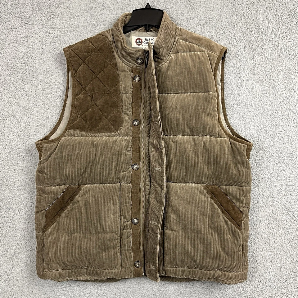Vintage Corduroy Puffer Hunting Vest Mens XL Brown Leather Trim Quilted Shoulder - Image 2 of 4