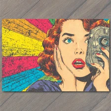 Art Print Pop Art Shocked Woman Camera Retro Comic Rainbow Burst Bold Colors