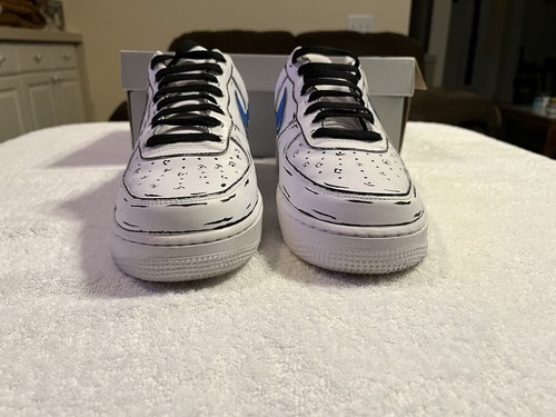 Nike Air Force 1 Custom Shoes White Cartoon Blue Swoosh Black Outline Mens Sz 11 - Picture 8 of 17