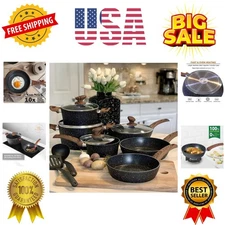 Induction Cookware Sets - 12 Piece Cooking Pan Set, Granite Black Nonstick Po...