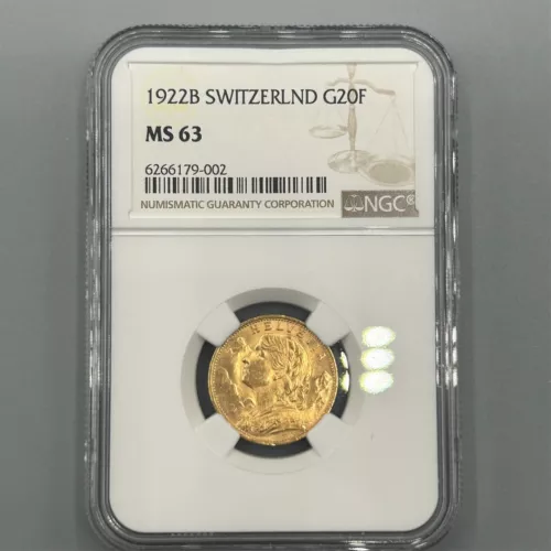 Gold Coin Switzerland 20 Francs 1922 B Bern Helvetia Original NGC MS63