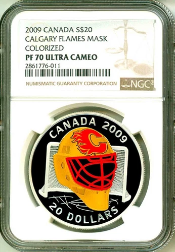 2009 Canada S$20 Calgary Flames Goalie Mask Colorized 125 Mintage NGC PF70 UC