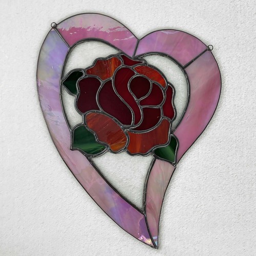 Handmade Stained Glass Rose Heart Suncatcher in Red, Pink, Green - Great Gift! - Picture 5 of 6