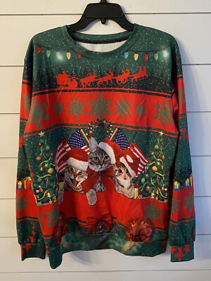 Ugly Christmas Party Shirt Funny Cat Christmas  Cat Lady Long Sleeve Size Large