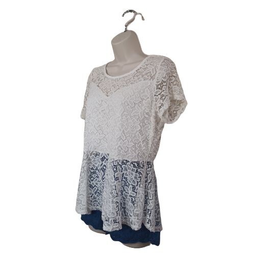 Fashion to Figure Women's White Lace Top Short Sleeve Round Neck - Picture 3 of 17