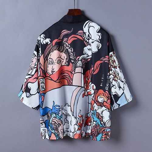 Men Japanese Women Kimono Jacket Cardigan Coat Yukata Loose Haori Unisex Casual - Picture 3 of 7