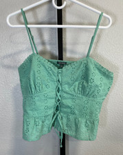 Wild Fable Womens Spaghetti Strap Eyelett Smocked Tank Crop Tiered Corset Tie L