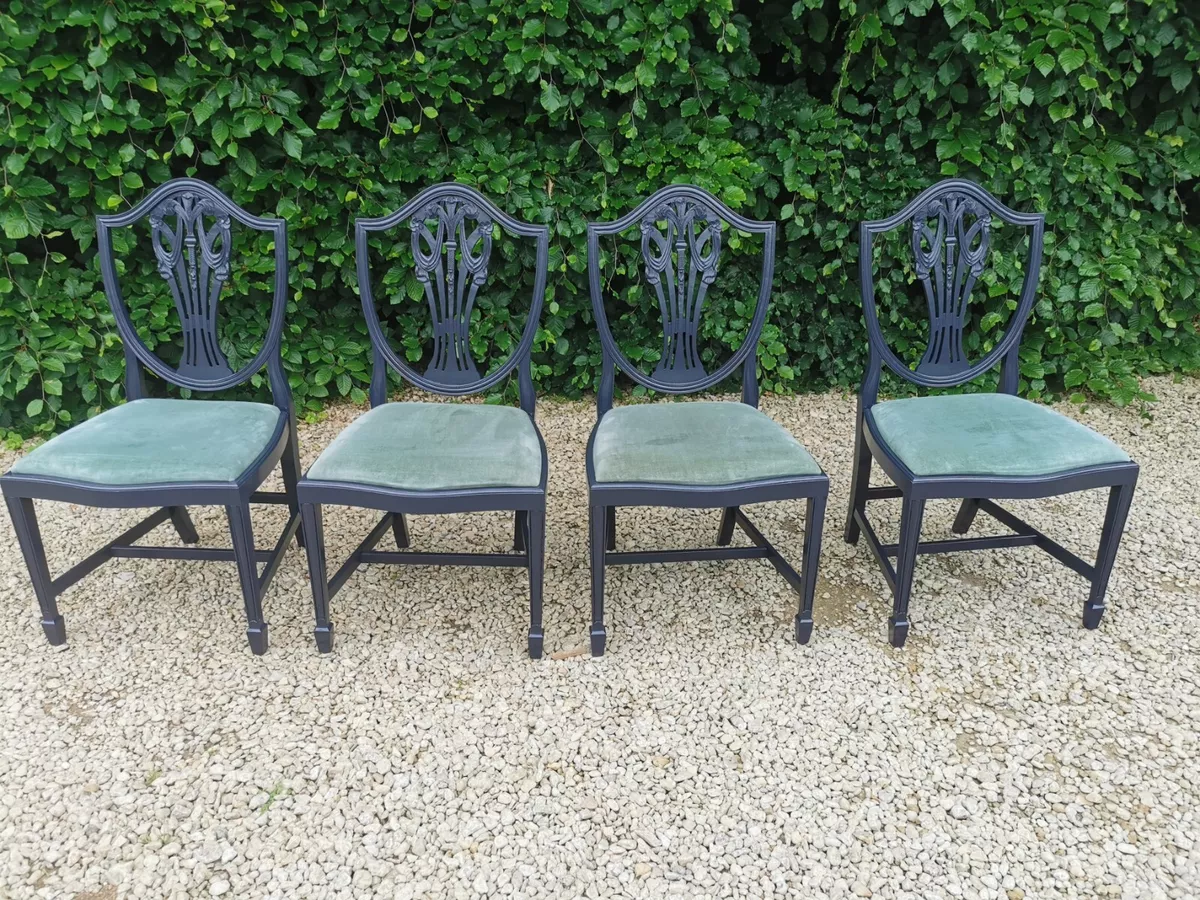 ANTIQUE EDWARDIAN SHIELD BACK DINING CHAIRS IN OFF BLACK FARROW