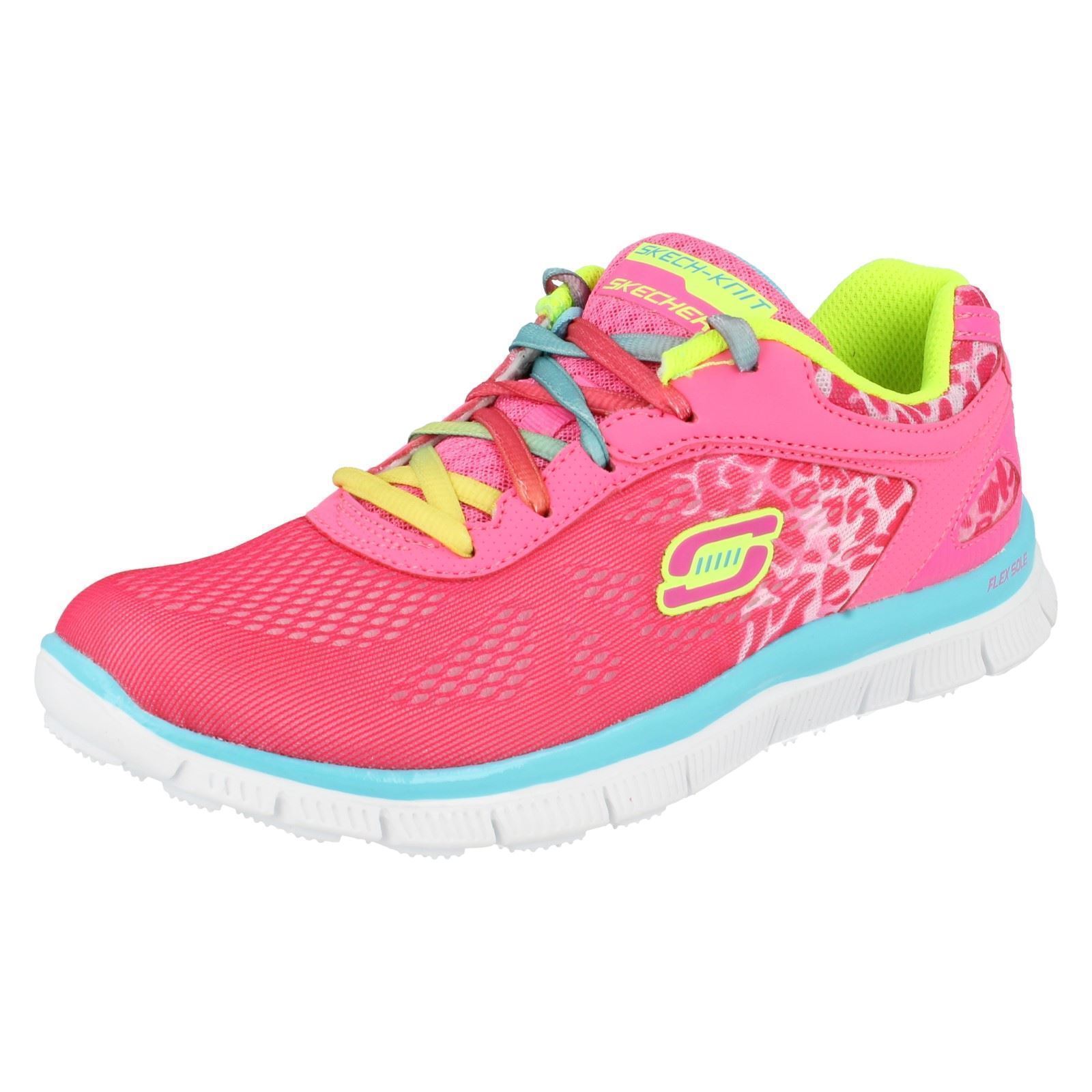 Girls Neon Pink Lace Memory Foam Gel Infused Skechers Trainers Serengeti | eBay