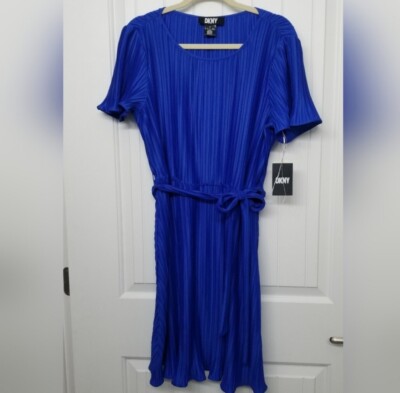 dkny blue pleated dress DKNY Womens Size 10 Cobalt Blue Pleated Dress Flutter Sleeve Tie Waist Belt  NEW