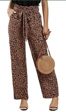 High Waisted Leopard Print Palazzo Pants Belted Wide Leg Long Trousers Pockets