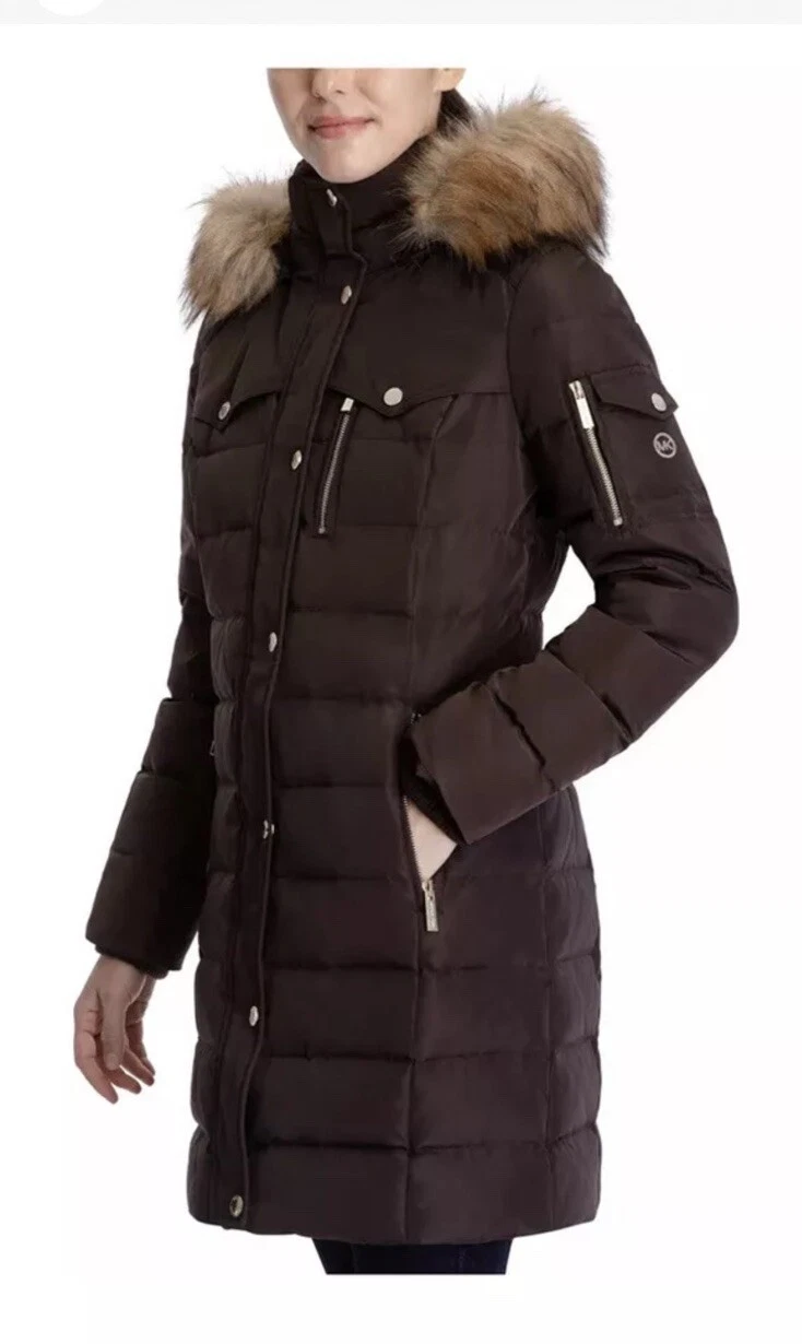 Michael Michael Kors cappotto donna imbottito con cappuccio marrone cioccolato 3 4 piumino XXL