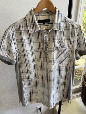 French Connection Mens White Cotton Short Sleeve Half Button-Down Shirt Medium