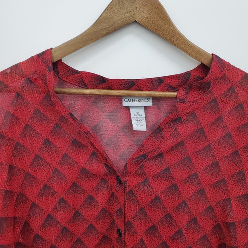 Catherines Red Button Up Long Sleeve Sheer Blouse Top Plus Size 3X Geometric - Picture 11 of 16