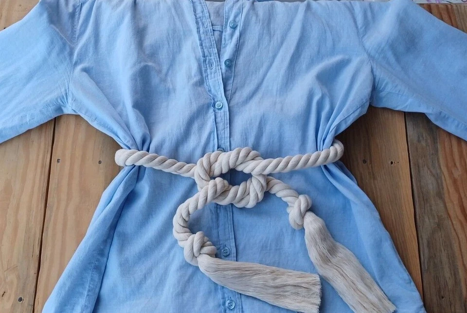 Macrame Dress Tassel Rope Belt - Bracelet, Cream Thick Braided Summer Waist Belt - Image 2 of 4