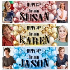 Personalised Birthday Banner Photo Party gold pink blue man woman children gift