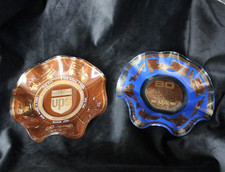 2 Vintage 1977 & 1987 UPS United Parcel Service Anniversary Ruffled Glass Trays