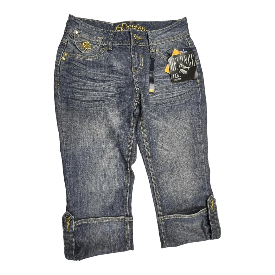 Pantalones Cortos de Jean Dereon Beyonce Mujer Azul Bordado Denim Lavado Medio Tiro Medio Foto 3 de 4