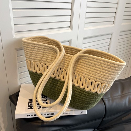 Large Summer Tote Bag Woven Cotton Beach Bag With Shoulder Strap - Picture 5 of 24