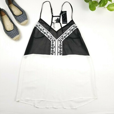 BKE Boutique Buckle Sheer Black White Racerback Embroidered Tank Top XS