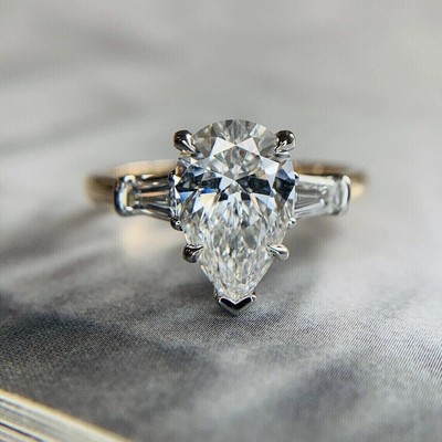 4 Ct Pear Cut VVS1 Moissanite Solitaire Engagement Ring 14K Two Tone Gold Plated